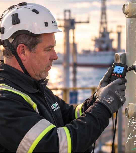 Mikael Wendel performing coating thickness measurement on an industrial structure
